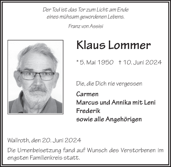 Traueranzeige von Klaus Lommer von FZ