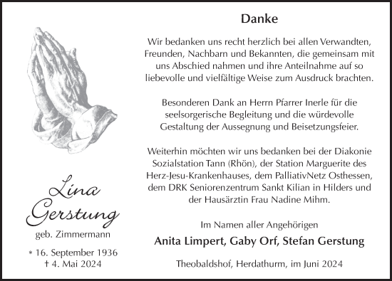 Traueranzeige von Lina Gerstung von FZ