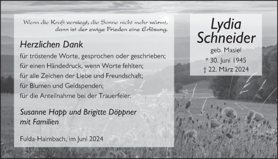 Traueranzeige von Lydia Schneider von FZ