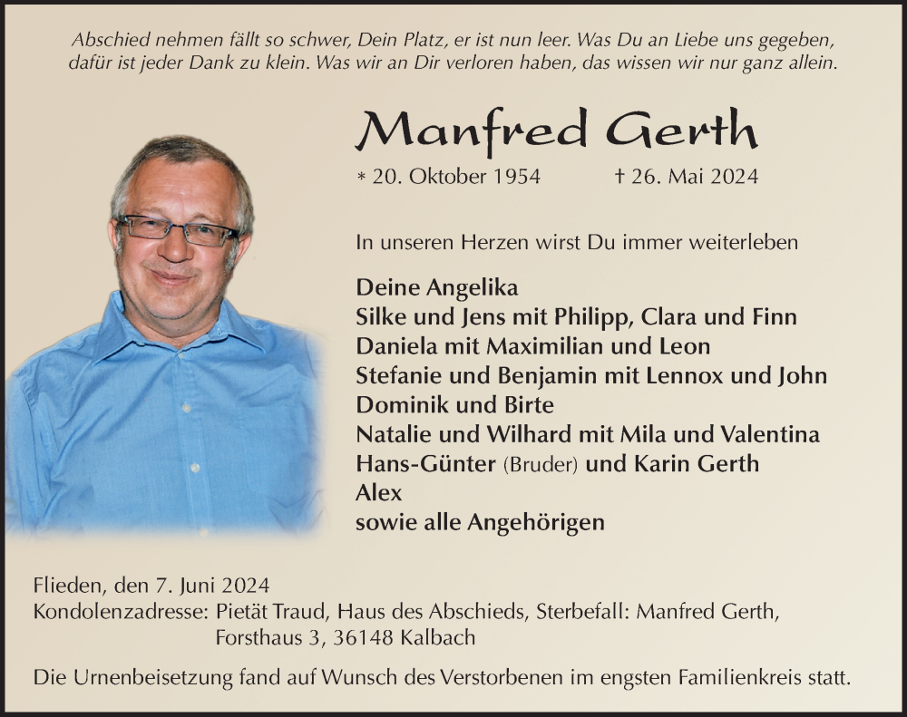  Traueranzeige für Manfred Gerth vom 07.06.2024 aus FZ