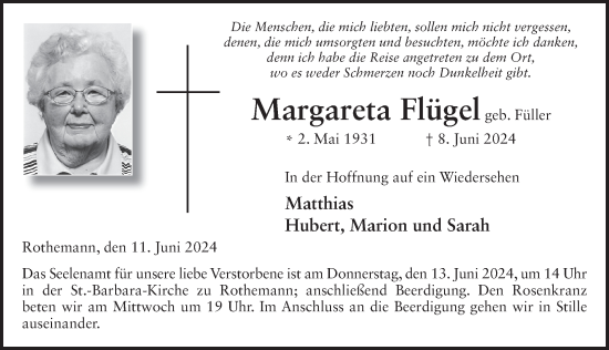 Traueranzeige von Margareta Flügel von FZ