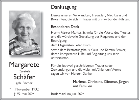 Traueranzeige von Margarete Schäfer von FZ