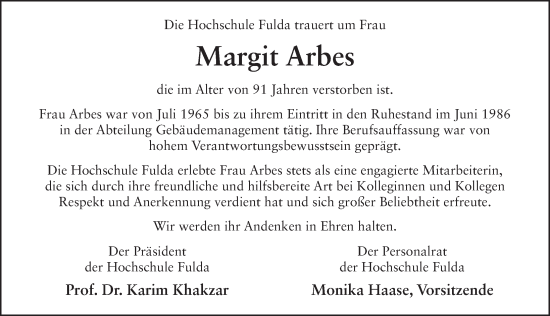 Traueranzeige von Margit Arbes von FZ