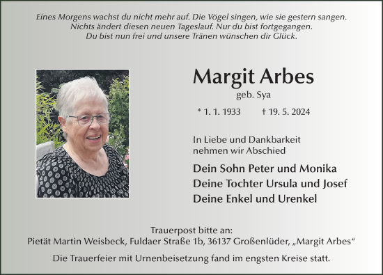 Traueranzeige von Margit Arbes von FZ