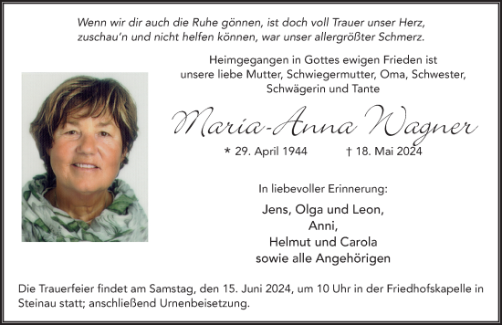 Traueranzeige von Maria-Anna Wagner von FZ
