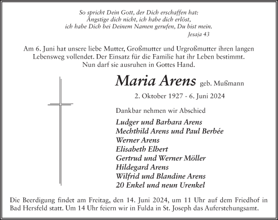 Traueranzeige von Maria Arens von FZ