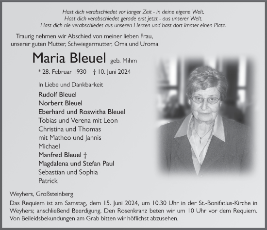 Traueranzeige von Maria Bleuel von FZ