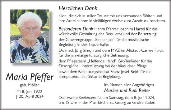 Traueranzeige von Maria Pfeffer von FZ