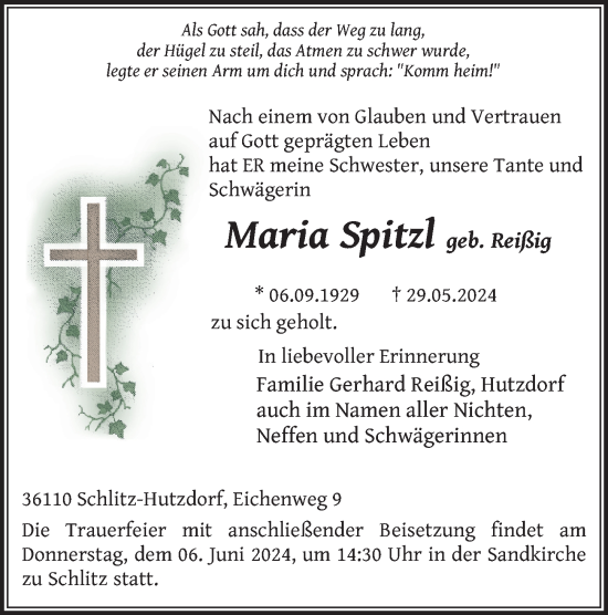 Traueranzeige von Maria Spitzl von FZ