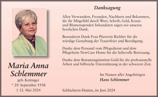 Traueranzeige von Maria Anna Schlemmer von FZ
