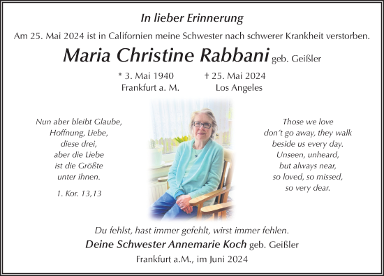 Traueranzeige von Maria Christine Rabbani von FZ