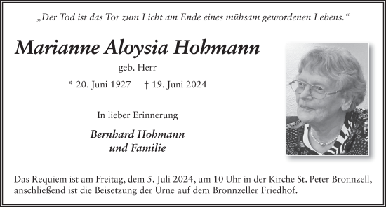Traueranzeige von Marianne Aloysia Hohmann von FZ