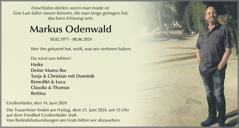  Traueranzeige für Markus Odenwald vom 14.06.2024 aus FZ