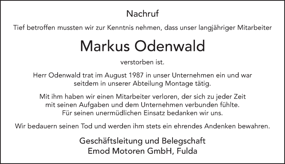  Traueranzeige für Markus Odenwald vom 14.06.2024 aus FZ
