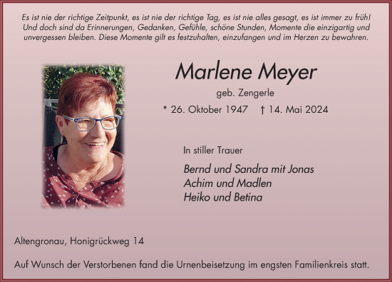 Traueranzeige von Marlene Meyer von FZ
