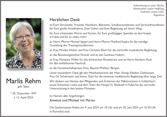 Traueranzeige von Marlis Rehm von FZ