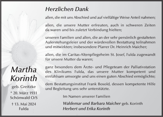 Traueranzeige von Martha Korinth von FZ