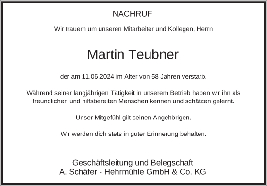 Traueranzeige von Martin Teubner von FZ