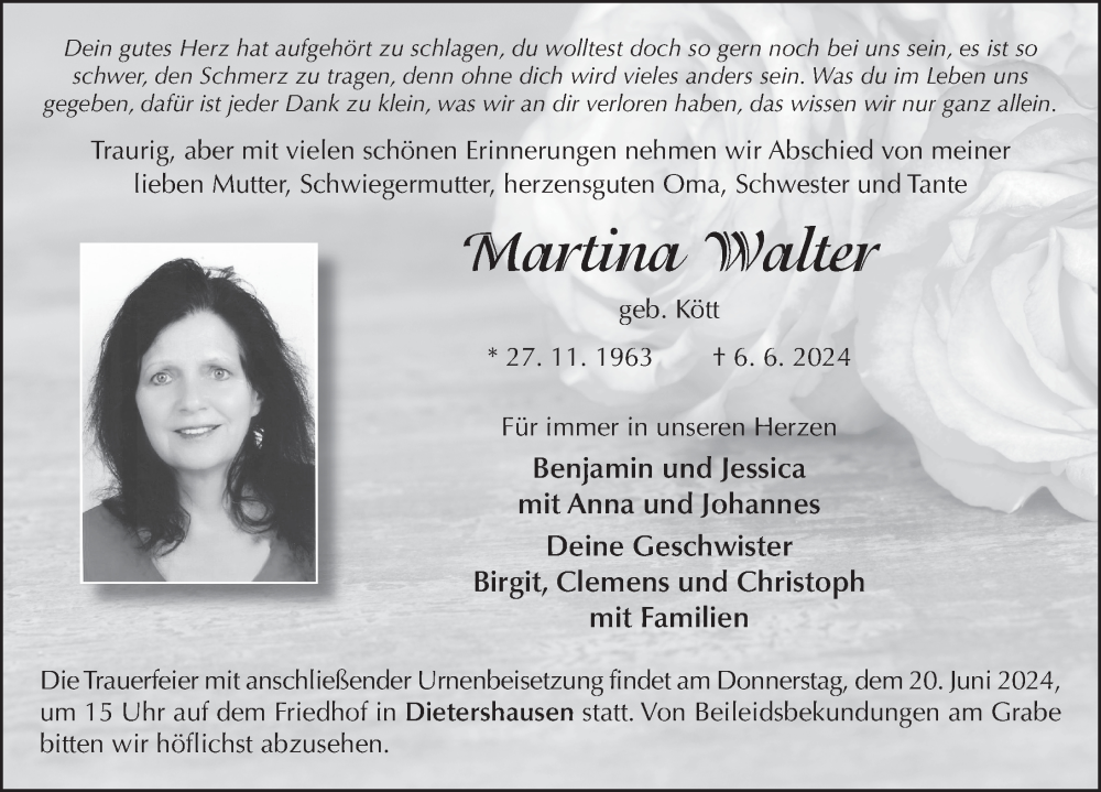  Traueranzeige für Martina Walter vom 15.06.2024 aus FZ
