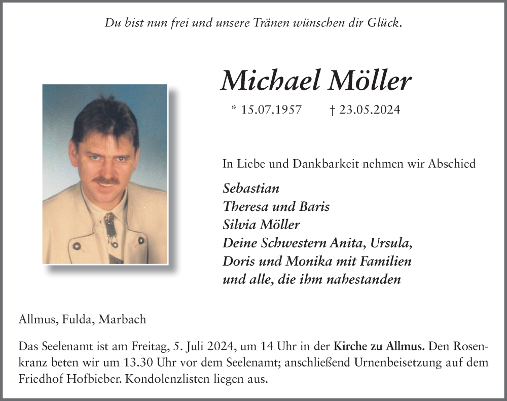  Traueranzeige für Michael Möller vom 29.06.2024 aus FZ