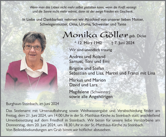 Traueranzeige von Monika Göller von FZ