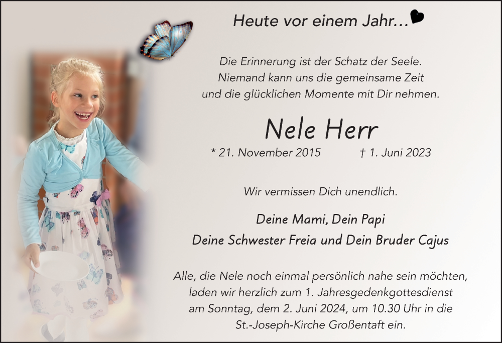  Traueranzeige für Nele Herr vom 01.06.2024 aus FZ