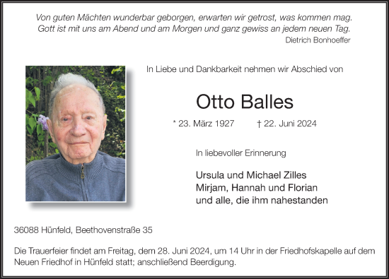Traueranzeige von Otto Balles von FZ