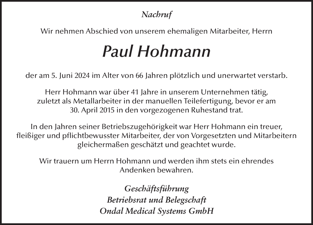  Traueranzeige für Paul Hohmann vom 12.06.2024 aus FZ