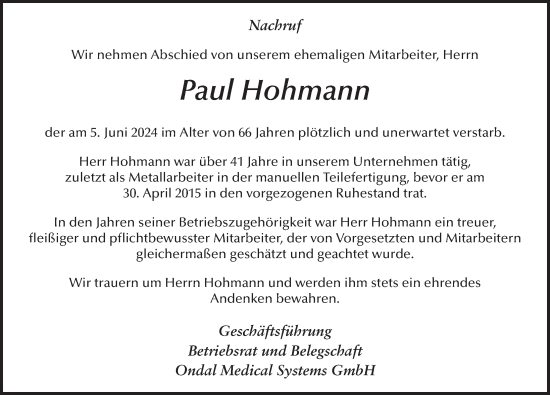 Traueranzeige von Paul Hohmann von FZ