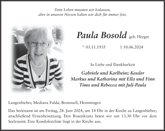 Traueranzeige von Paula Bosold von FZ