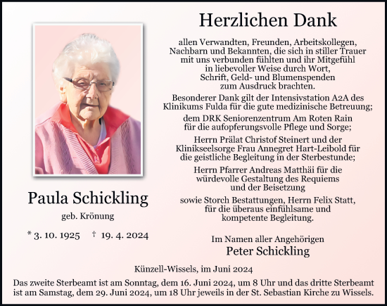 Traueranzeige von Paula Schickling von FZ