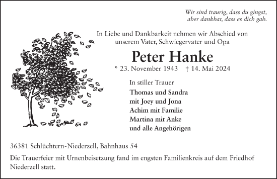 Traueranzeige von Peter Hanke von FZ