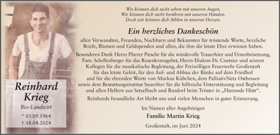 Traueranzeige von Reinhard Krieg von FZ