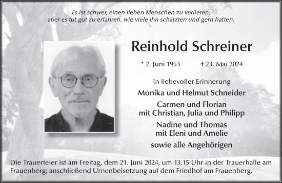 Traueranzeige von Reinhold Schreiner von FZ