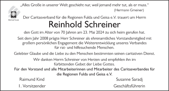 Traueranzeige von Reinhold Schreiner von FZ