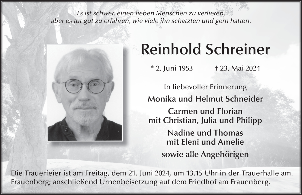  Traueranzeige für Reinhold Schreiner vom 18.06.2024 aus FZ