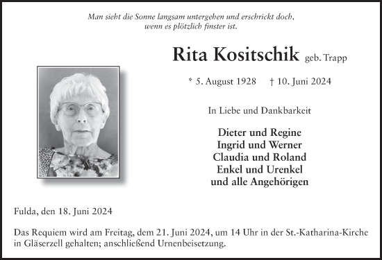 Traueranzeige von Rita Kositschik von FZ