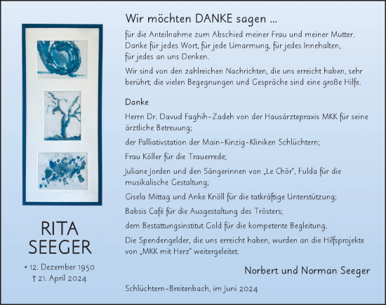 Traueranzeige von Rita Seeger von FZ