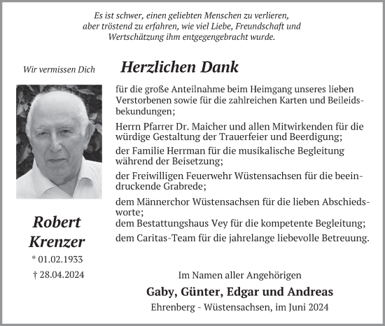 Traueranzeige von Robert Krenzer von FZ