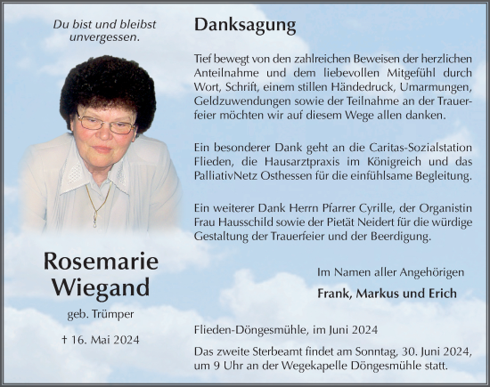 Traueranzeige von Rosemarie Wiegand von FZ