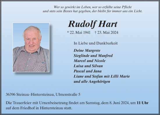 Traueranzeige von Rudolf Hart von FZ