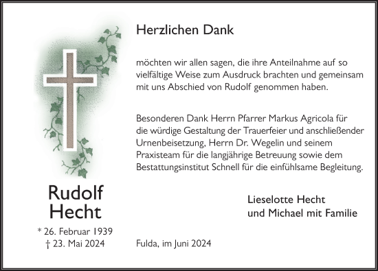 Traueranzeige von Rudolf Hecht von FZ