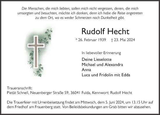 Traueranzeige von Rudolf Hecht von FZ