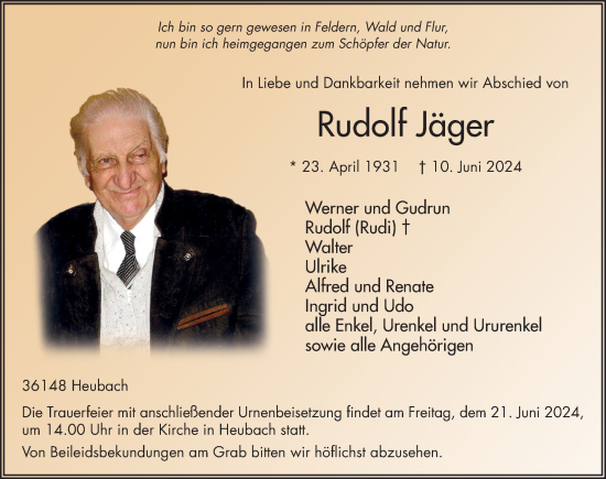 Traueranzeige von Rudolf Jäger von FZ