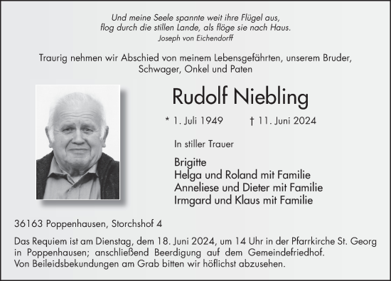 Traueranzeige von Rudolf Niebling von FZ
