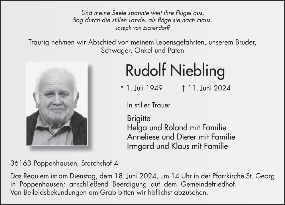  Traueranzeige für Rudolf Niebling vom 15.06.2024 aus FZ