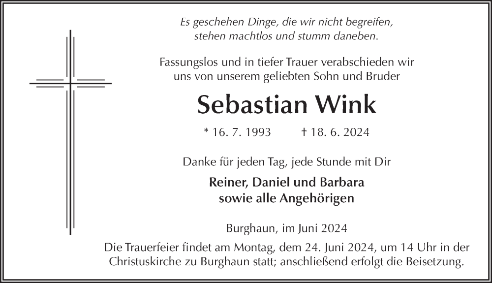  Traueranzeige für Sebastian Wink vom 21.06.2024 aus FZ