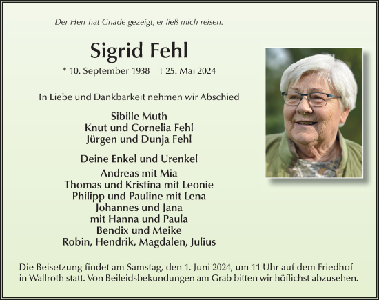 Traueranzeige von Sigrid Fehl von FZ