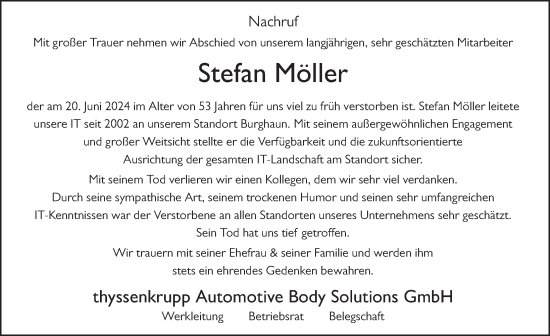 Traueranzeige von Stefan Möller von FZ