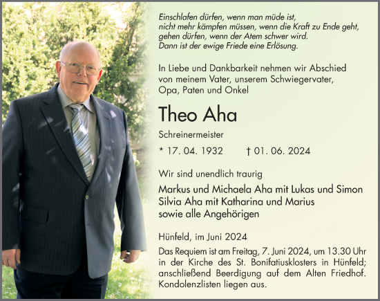 Traueranzeige von Theo Aha von FZ